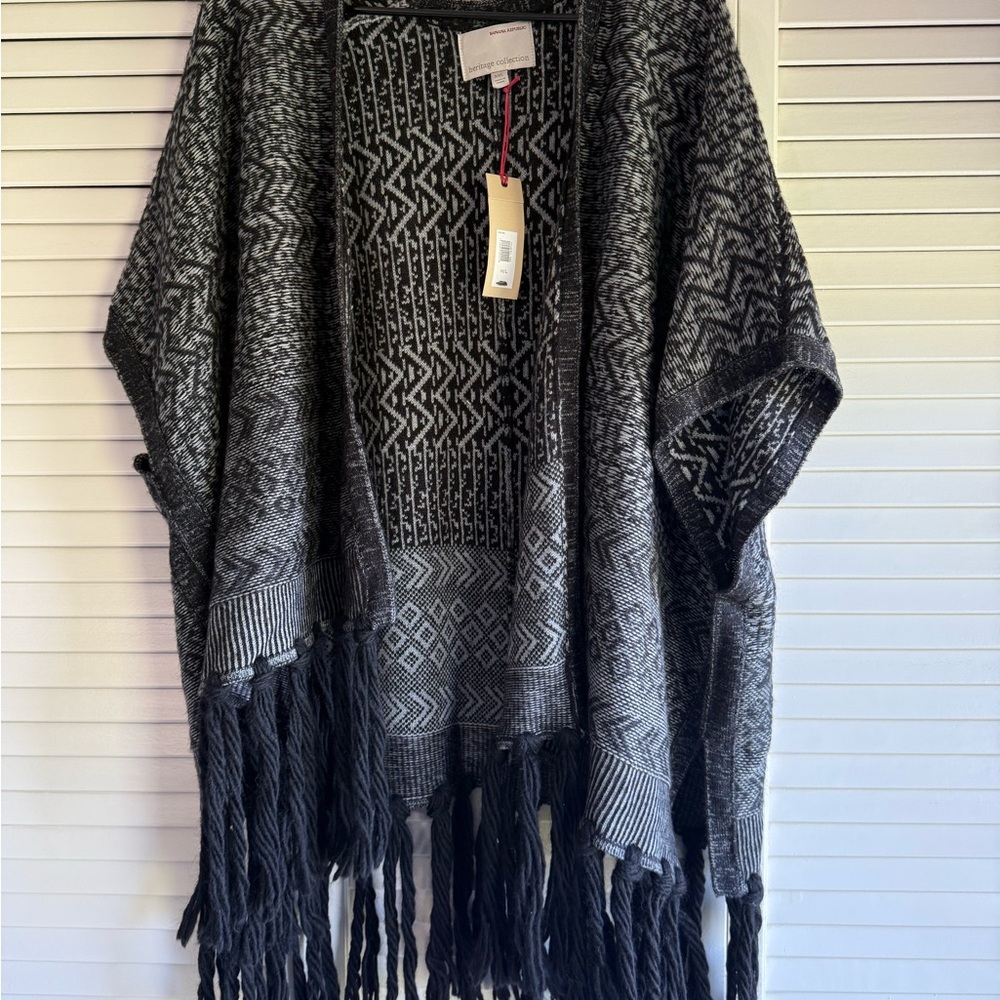Banana Republic Black and Gray Fringe Cardigan Wrap Shrug Poncho